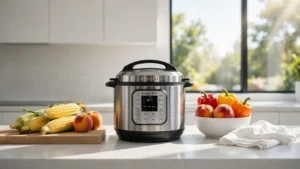 An Instant Pot on a sunny kitchen counter surrounded by fresh summer produce