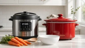 An electric pressure cooker and a ceramic slow cooker sitting on a clean kitchen counter