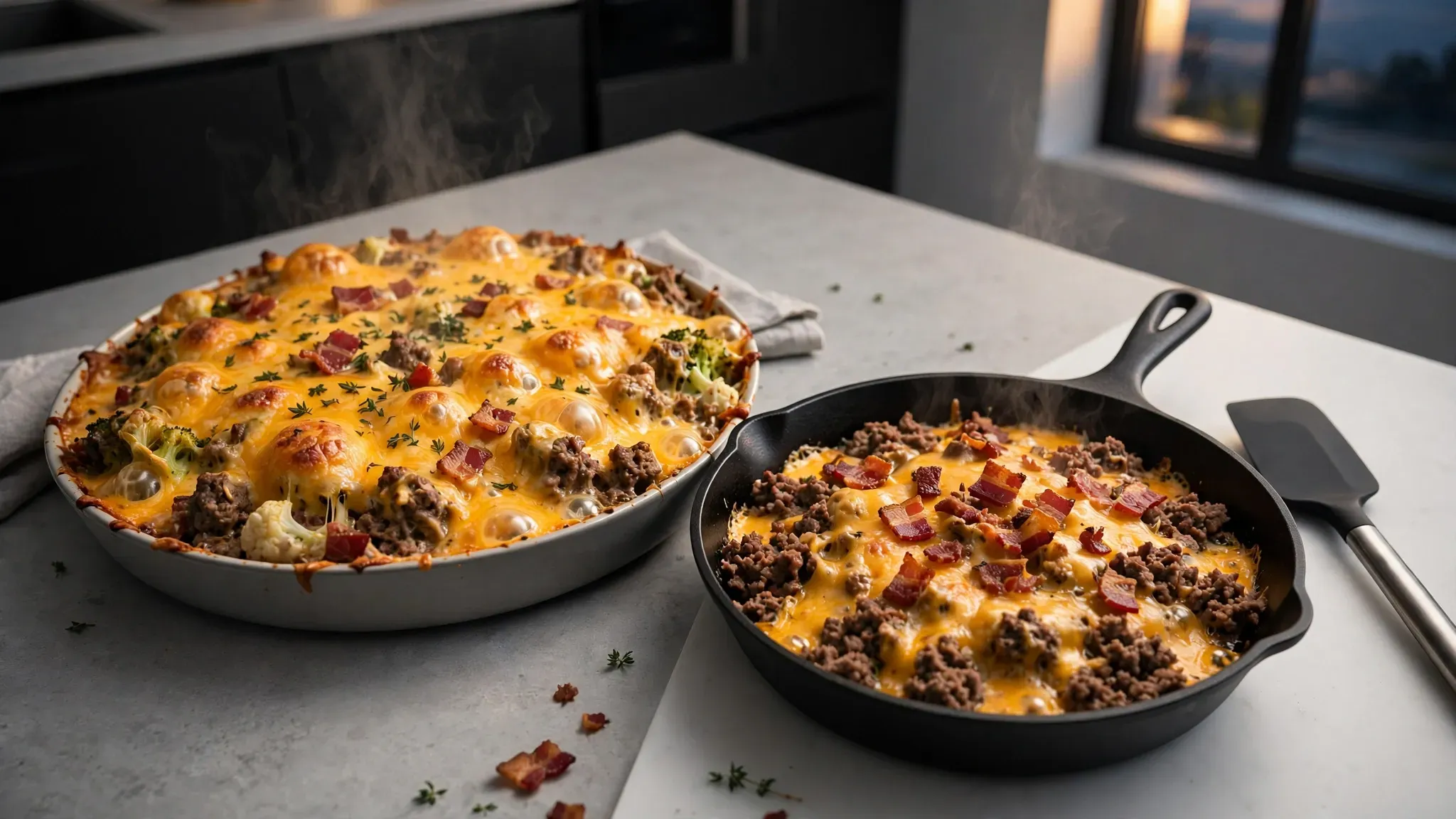 A bubbly, golden brown keto casserole sitting in a rustic cast iron skillet