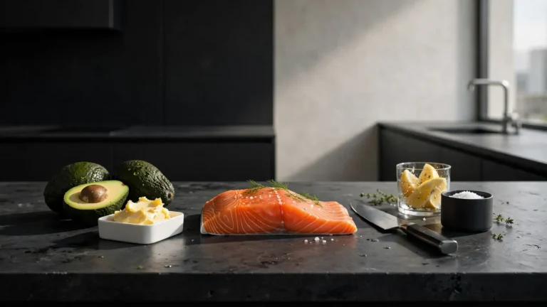 Fresh low carb ingredients on a dark slate kitchen counter