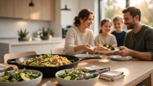 A family enjoying a low carb dinner at a rustic kitchen table