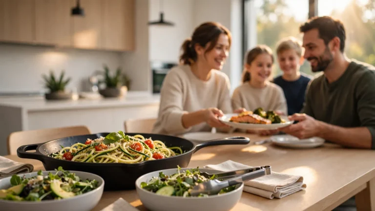 A family enjoying a low carb dinner at a rustic kitchen table
