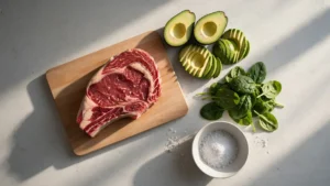 A clean kitchen counter showing a fresh ribeye steak, avocados, and fresh greens ready for cooking