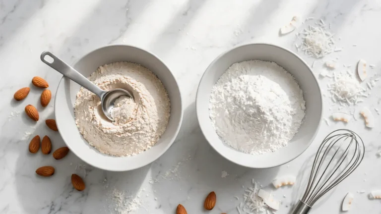 Almond flour and coconut flour in wooden bowls on a marble countertop