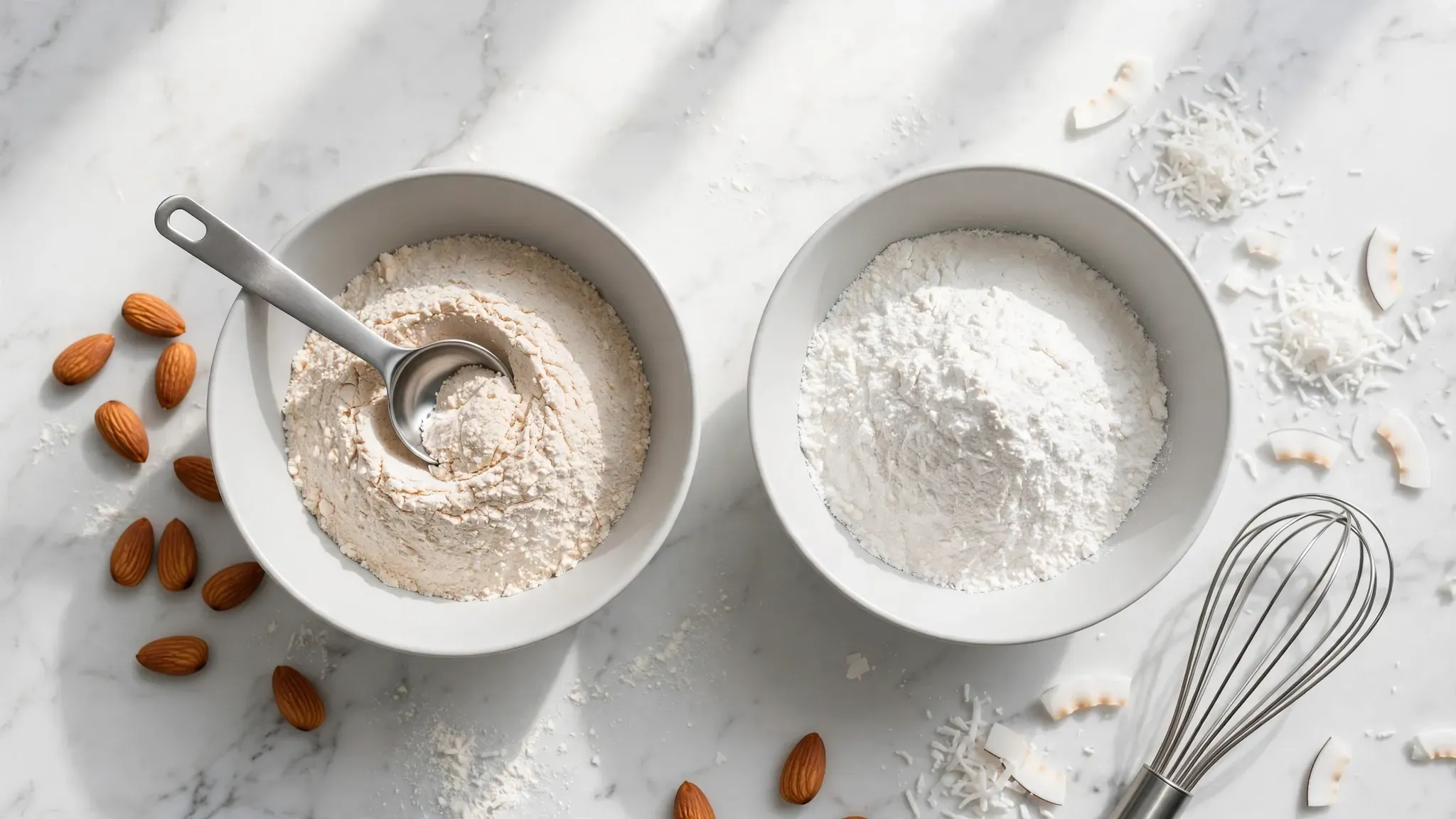 Almond flour and coconut flour in wooden bowls on a marble countertop