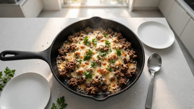 Cast iron skillet filled with cheesy ground beef on a wooden table