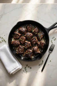 A cast iron pan filled with sizzling garlic butter steak bites and fresh herbs