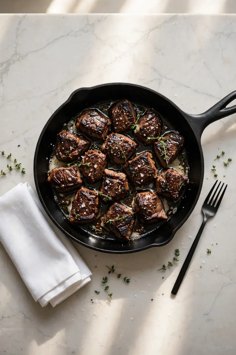 A cast iron pan filled with sizzling garlic butter steak bites and fresh herbs