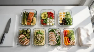 Multiple glass containers filled with colorful low carb meals arranged on a marble kitchen counter
