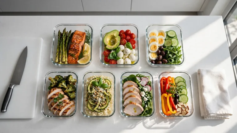 Multiple glass containers filled with colorful low carb meals arranged on a marble kitchen counter