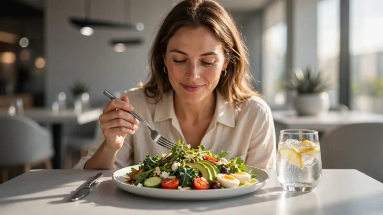 Woman eating a healthy keto salad at a restaurant