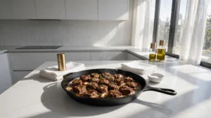 Cast iron skillet filled with juicy garlic butter steak bites and fresh herbs