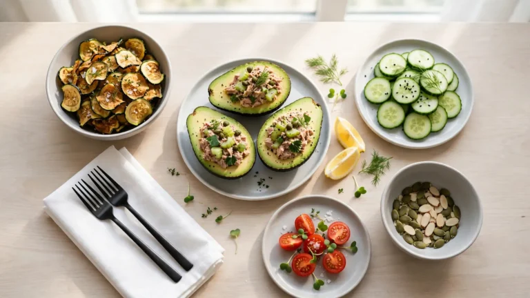 A wooden table filled with various low carb snacks like zucchini chips, avocado boats, and cucumber slices