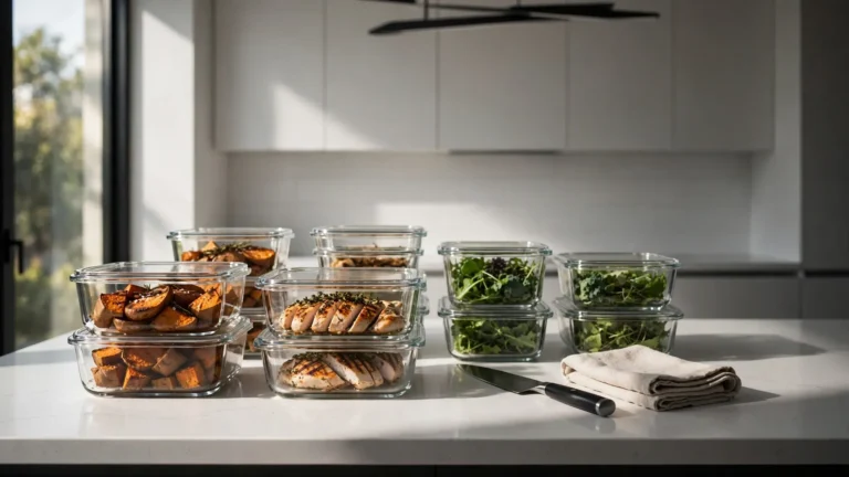 Multiple glass containers filled with colorful healthy meals lined up on a kitchen counter