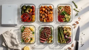 A beautiful kitchen counter displaying fresh meal prep ingredients in glass containers