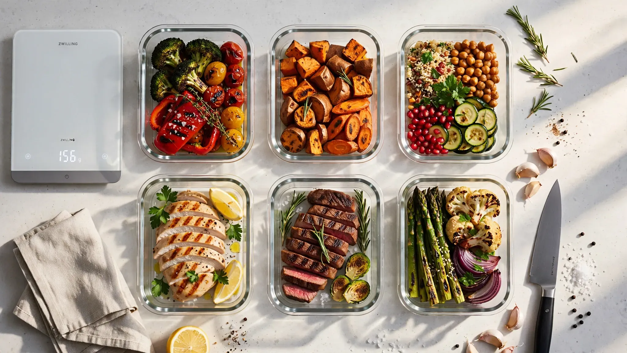 A beautiful kitchen counter displaying fresh meal prep ingredients in glass containers
