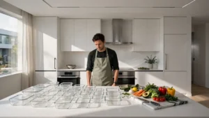 Frustrated home cook looking at messy meal prep containers
