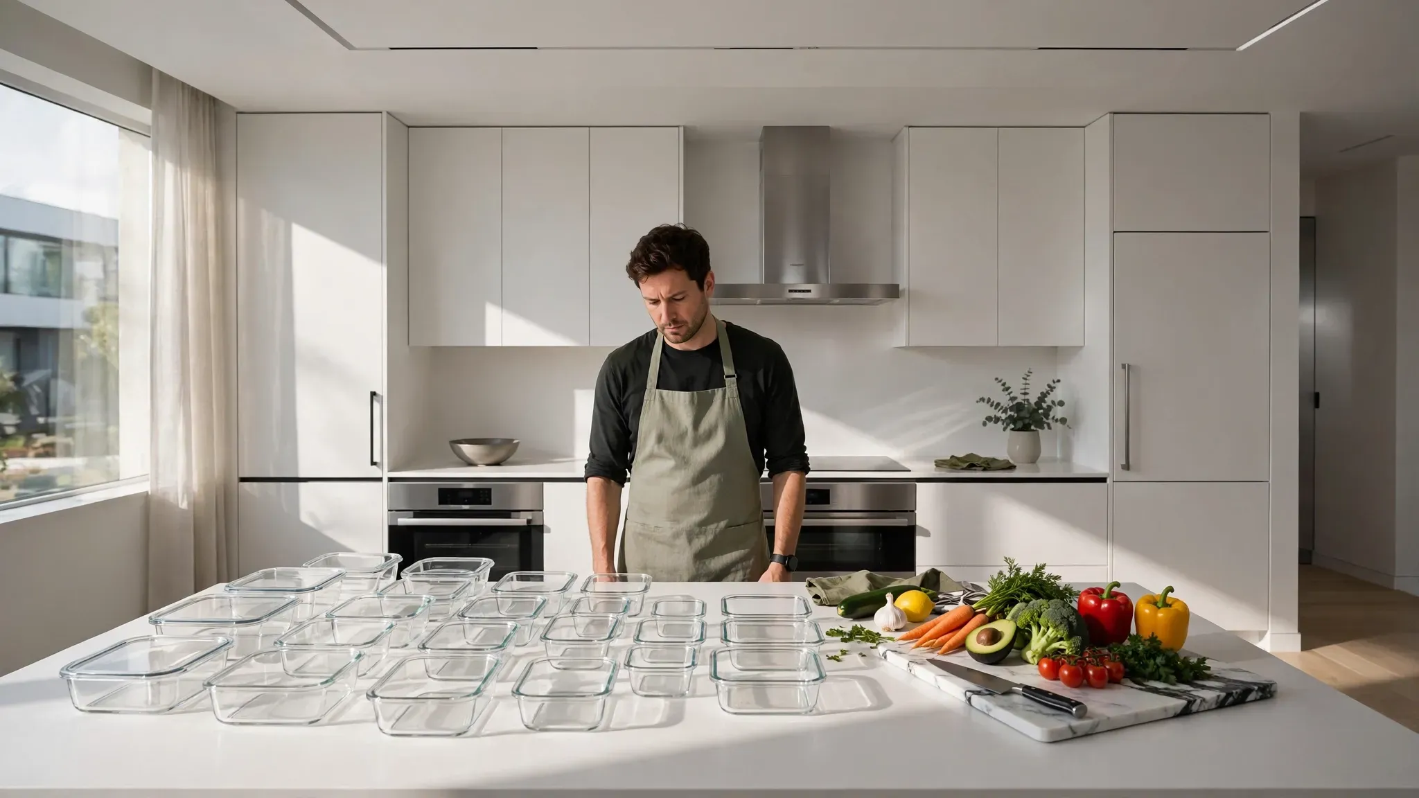 Frustrated home cook looking at messy meal prep containers