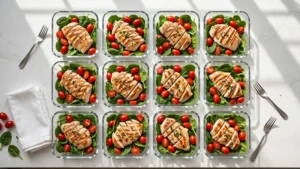 Glass meal prep containers filled with fresh colorful lunches