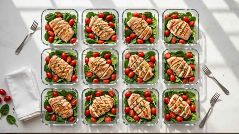 Glass meal prep containers filled with fresh colorful lunches