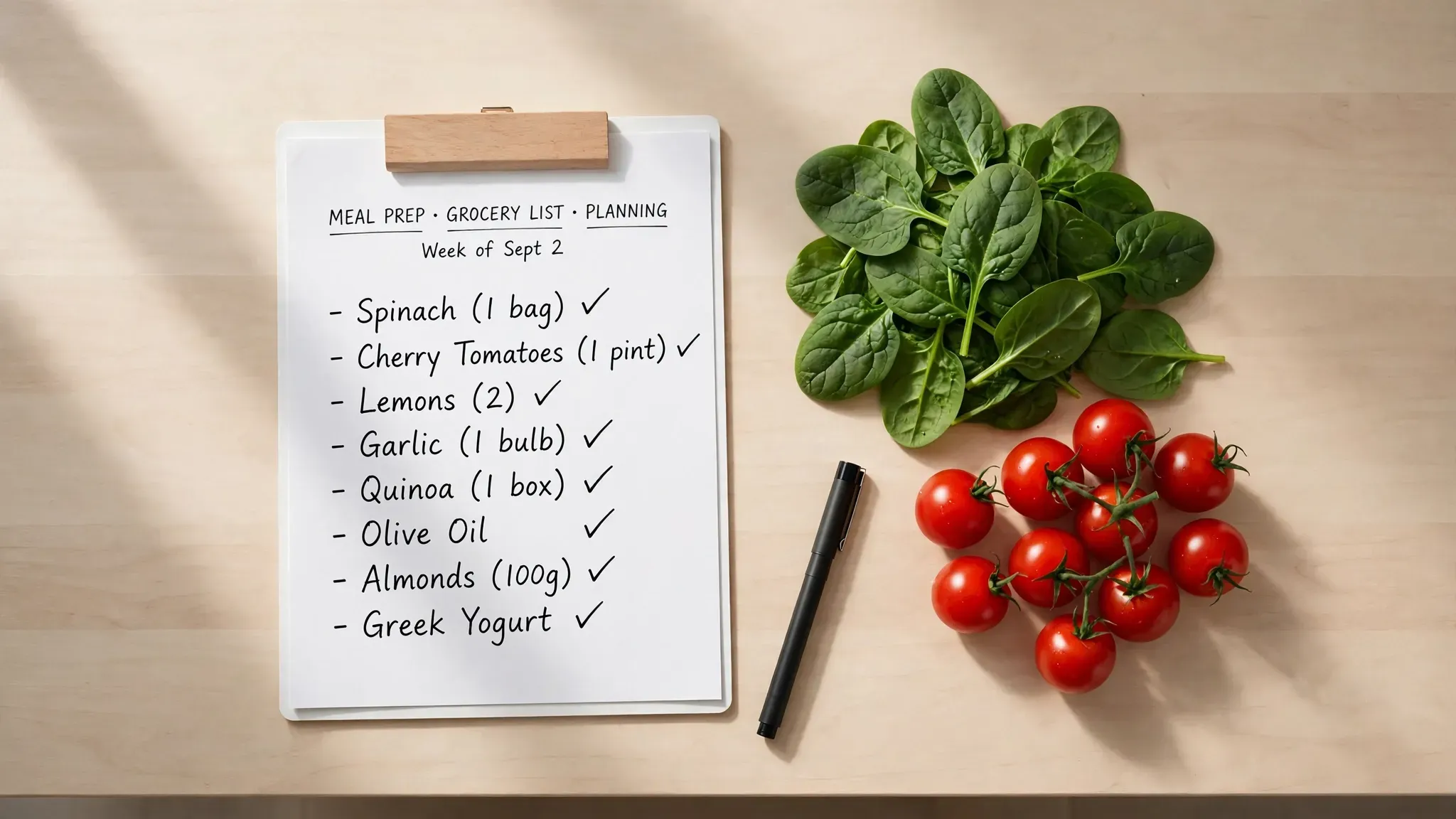 Overhead view of a handwritten grocery list next to fresh produce on a kitchen counter