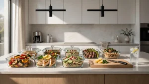 Multiple glass containers filled with colorful prepped meals on a kitchen counter