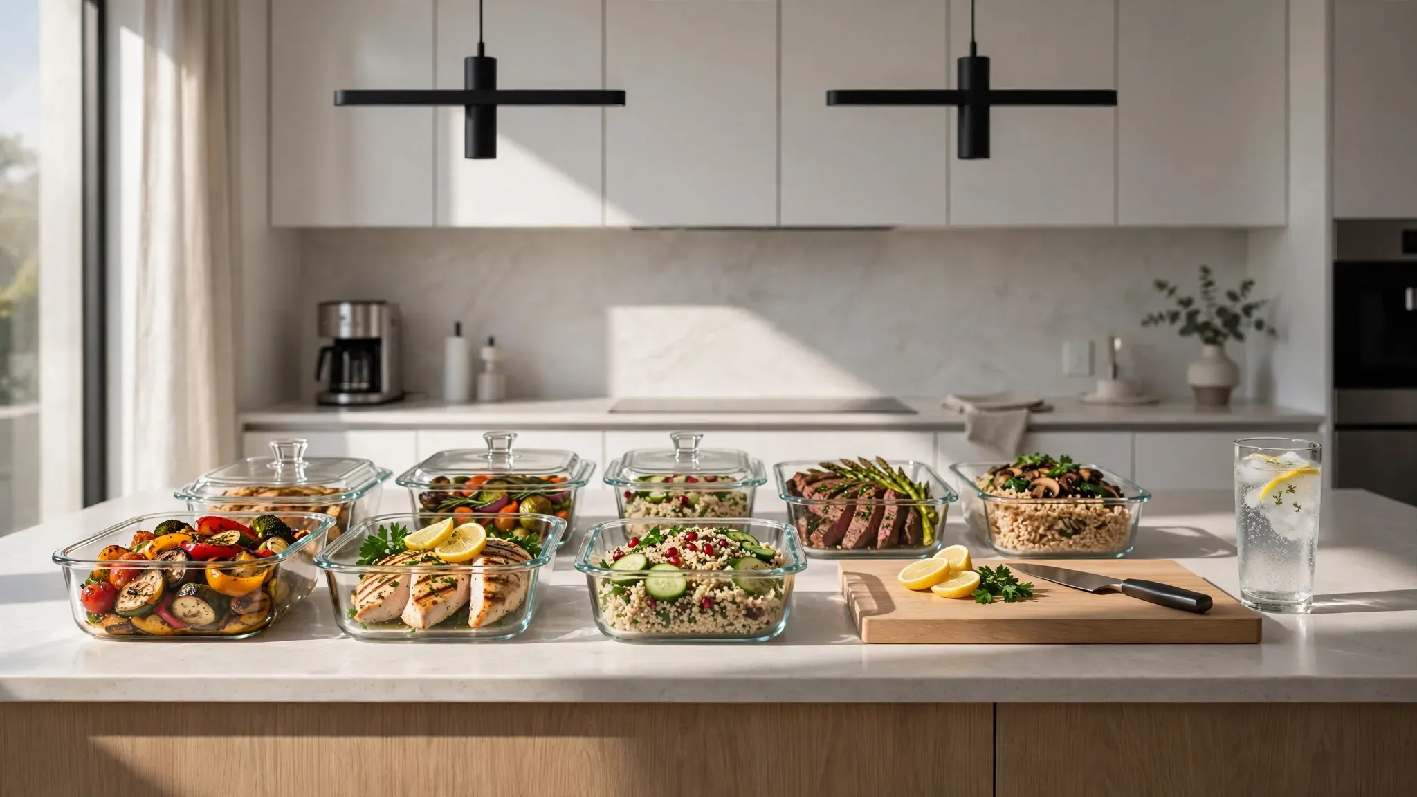 Multiple glass containers filled with colorful prepped meals on a kitchen counter