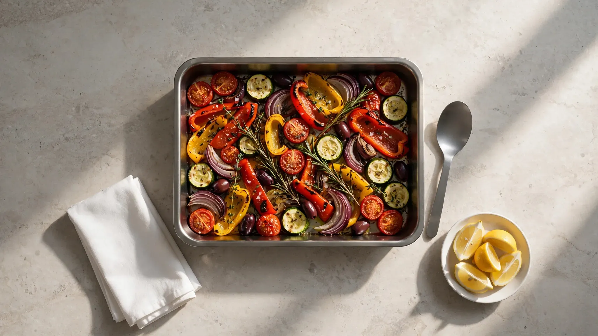 A rustic wooden table filled with fresh Mediterranean ingredients and a large sheet pan meal