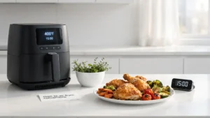 Various meals cooked in a countertop basket next to a standard oven