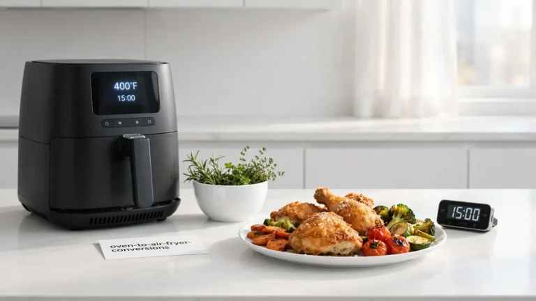 Various meals cooked in a countertop basket next to a standard oven
