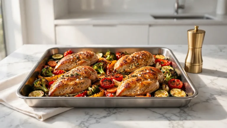 Perfectly roasted golden chicken and crispy vegetables on a clean tray