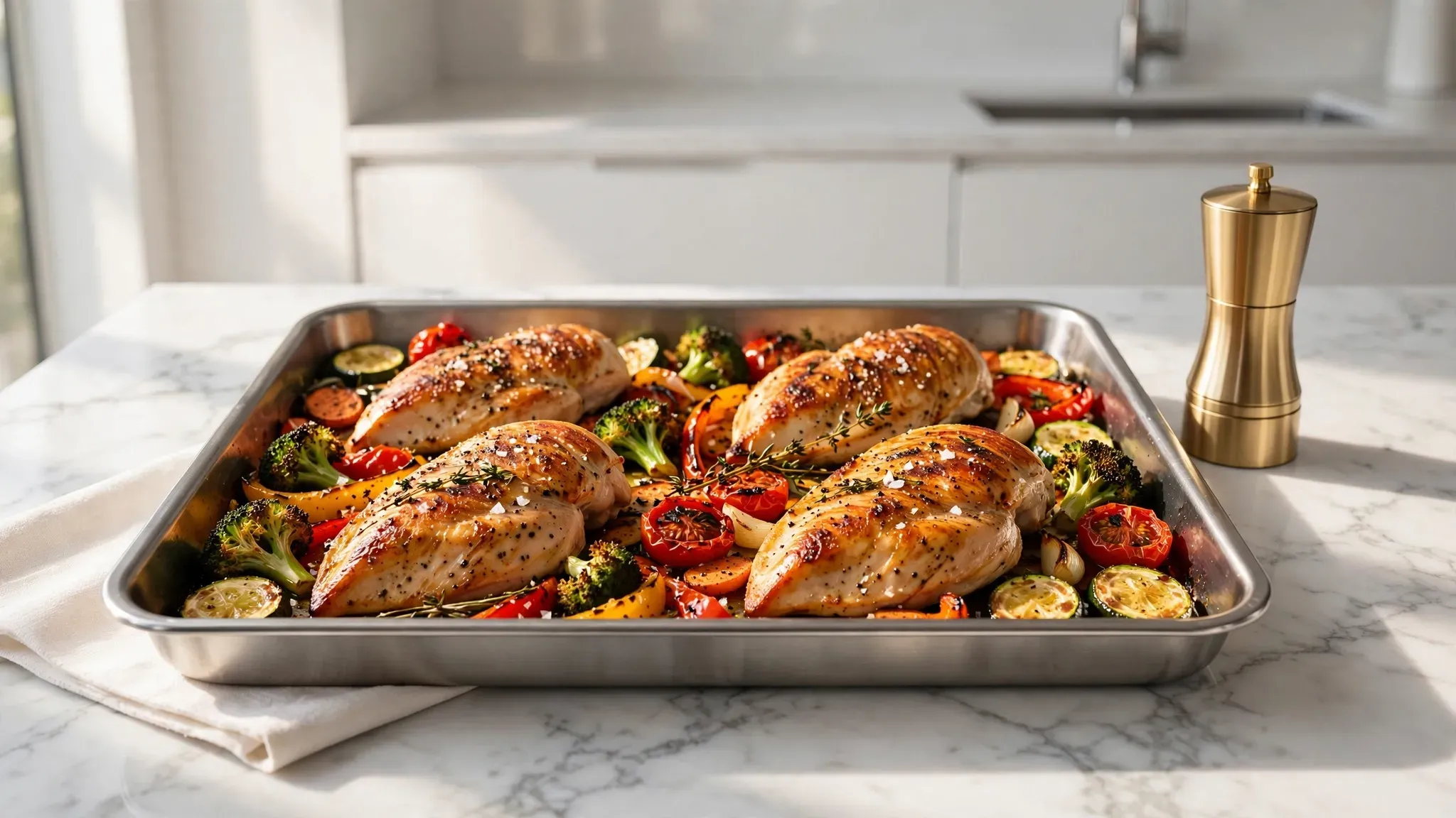 Perfectly roasted golden chicken and crispy vegetables on a clean tray