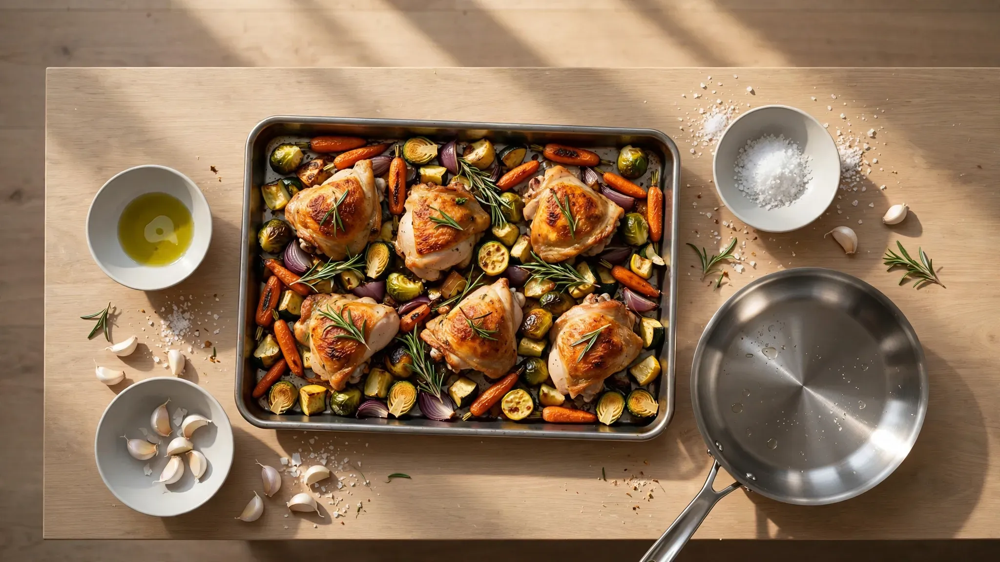 A gorgeous sheet pan dinner with roasted vegetables and protein on a baking sheet