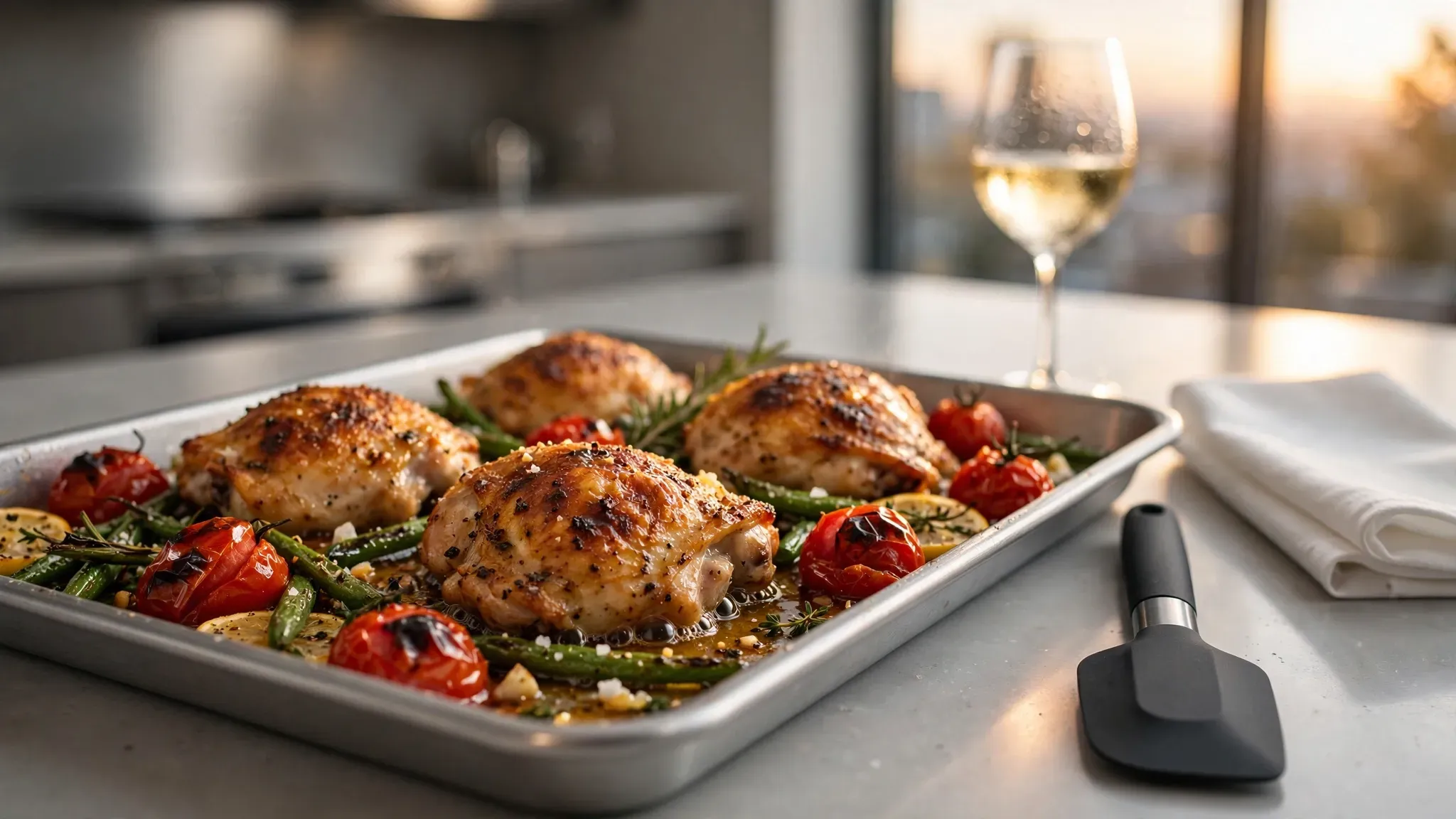 Perfectly cooked sheet pan dinner with roasted chicken and vegetables