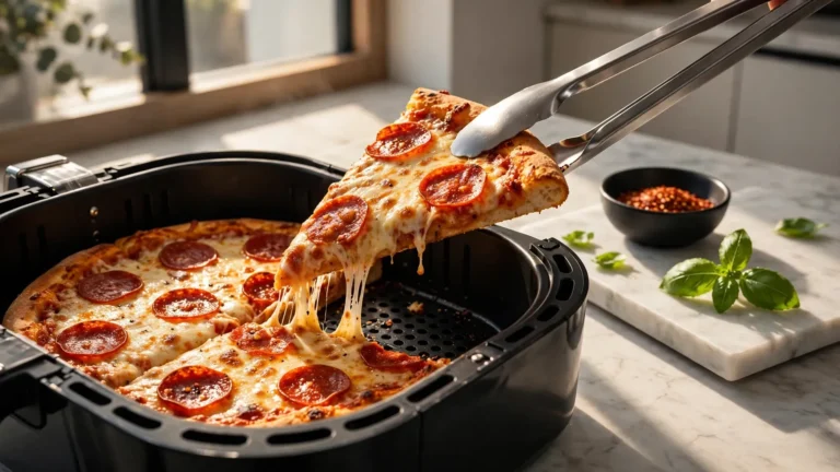 Crispy slice of pepperoni pizza being lifted out of an air fryer basket