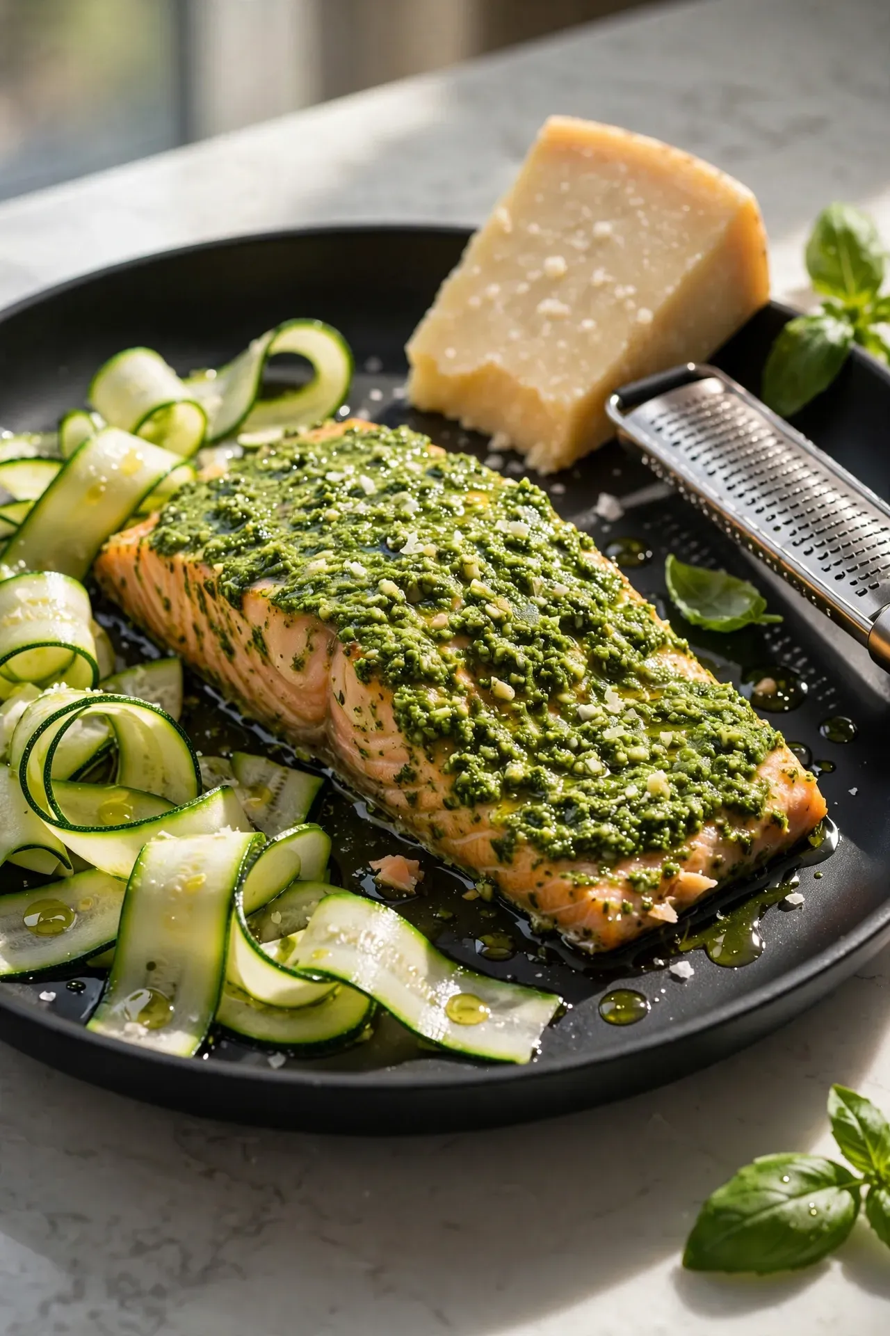 Pesto Salmon with Zucchini Ribbons