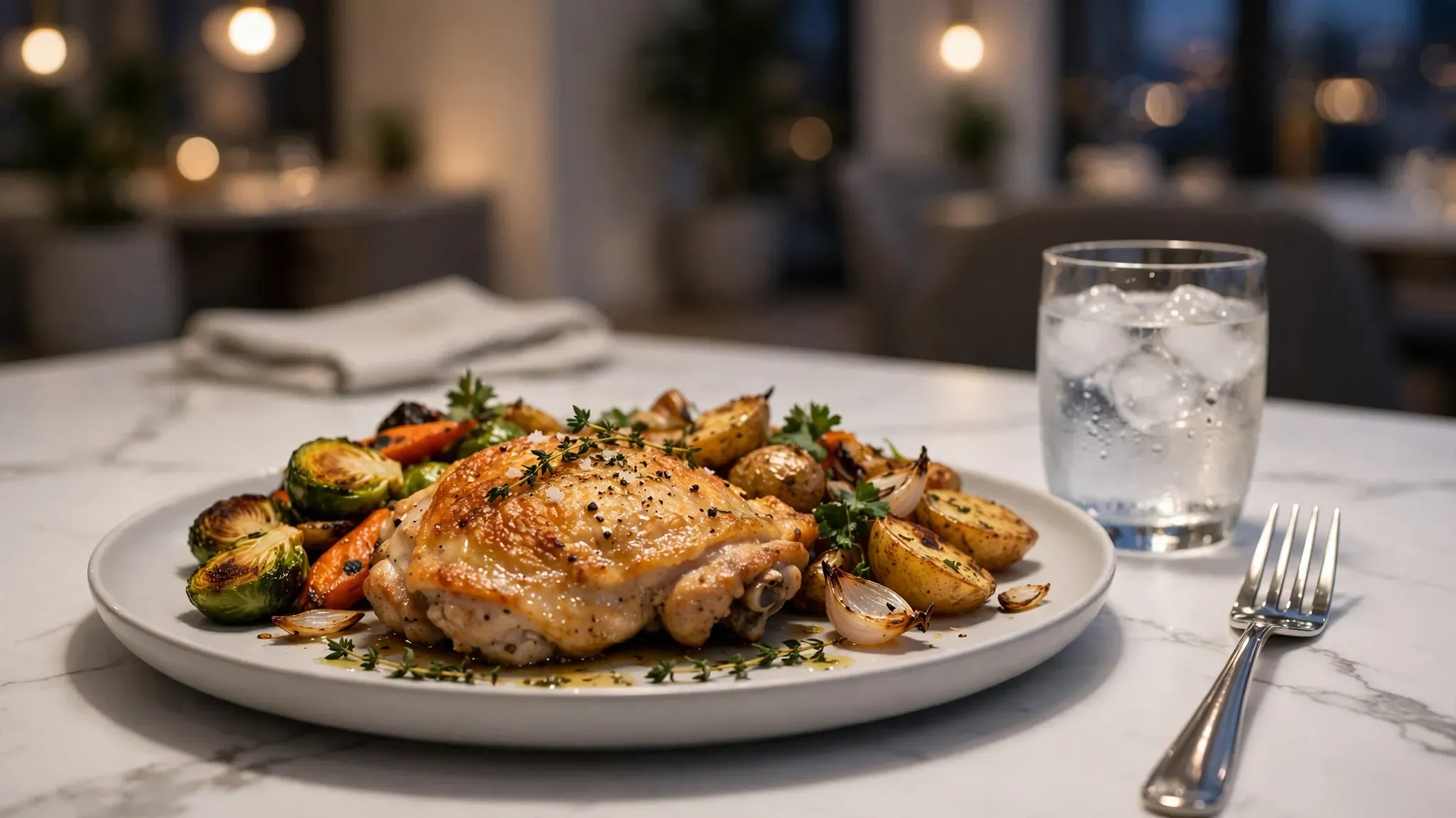 A perfectly plated dinner of roasted chicken and crispy vegetables
