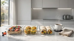 Variety of meal prep breakfast containers on a kitchen counter