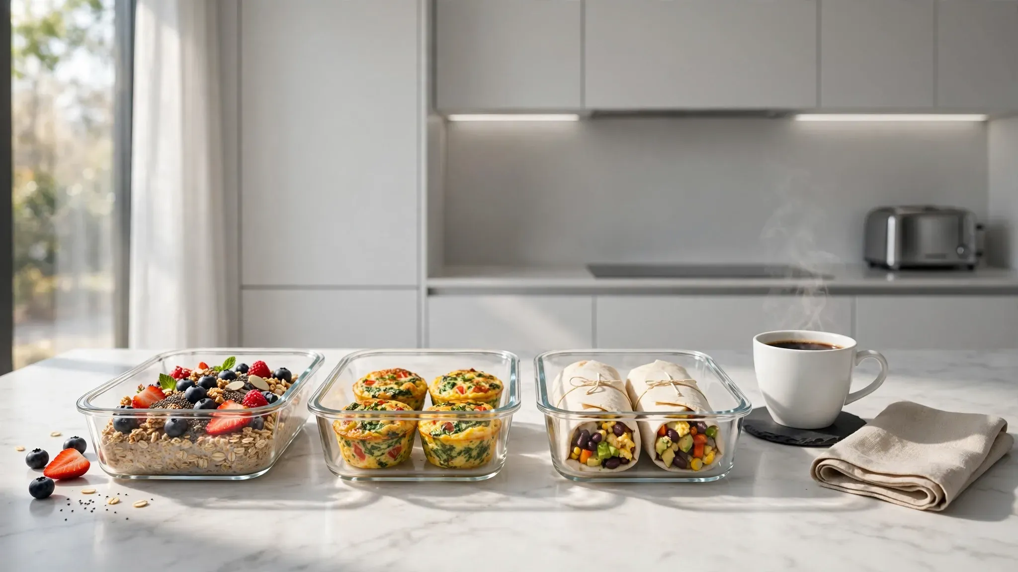 Variety of meal prep breakfast containers on a kitchen counter