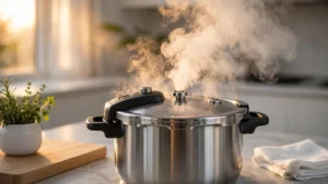 Steam venting forcefully from a stainless steel pressure cooker on a warm kitchen counter
