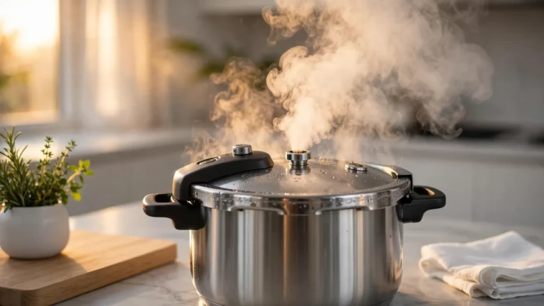 Steam venting forcefully from a stainless steel pressure cooker on a warm kitchen counter