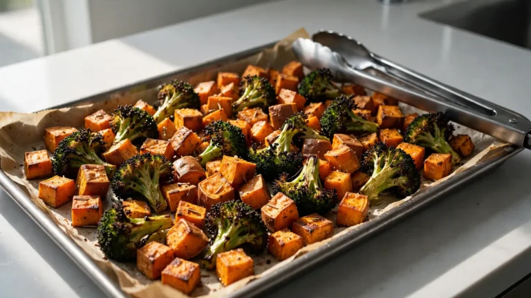 Crispy roasted vegetables on a metal baking tray lined with parchment paper