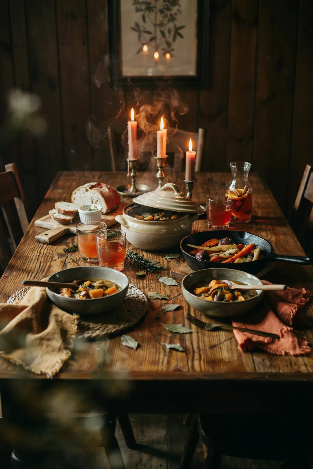 Steaming stew, roasted vegetables, and crusty bread served on a wood table with glowing candles.