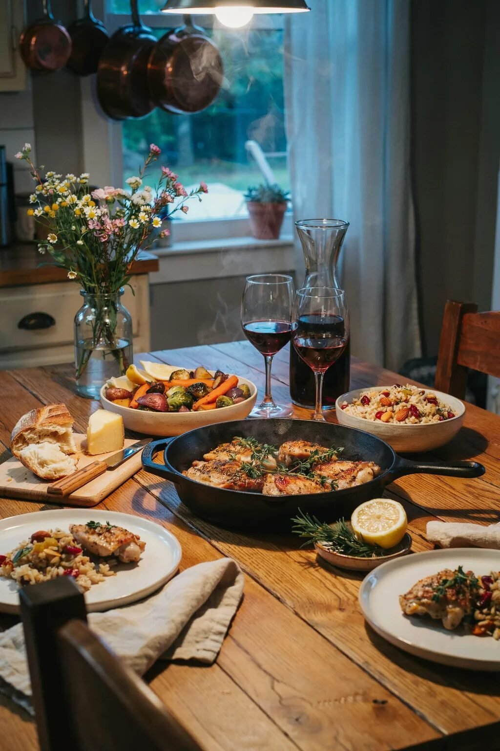 Steaming cast iron chicken skillet surrounded by plates of rice, roasted vegetables, and glasses of red wine.