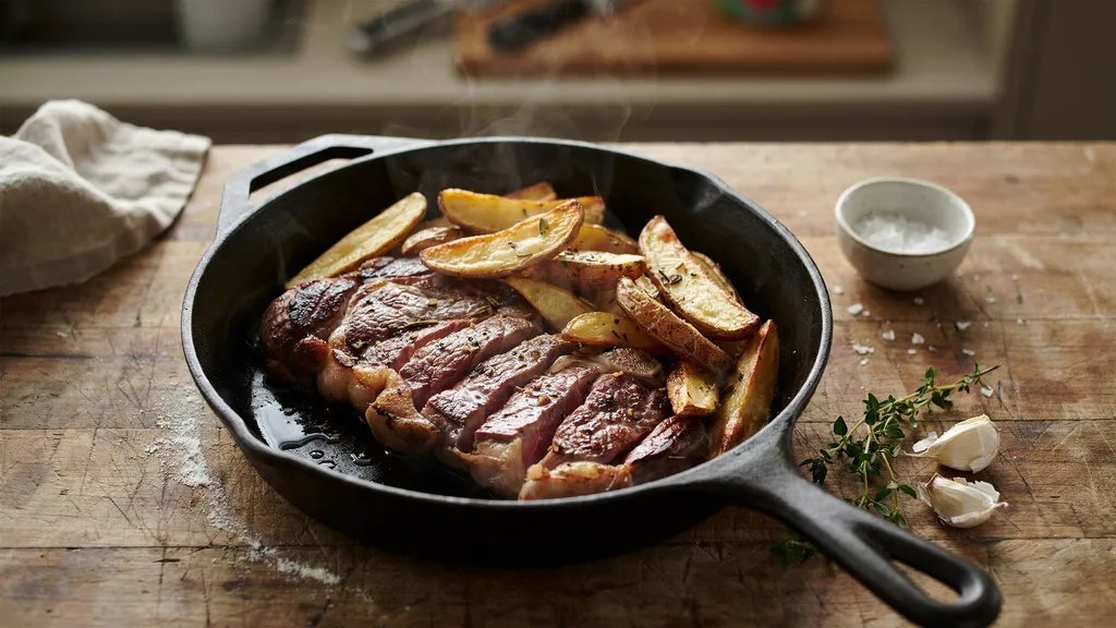 Steam rises from a sliced steak served with crispy potato wedges inside a black cast iron pan on a rustic wooden table.