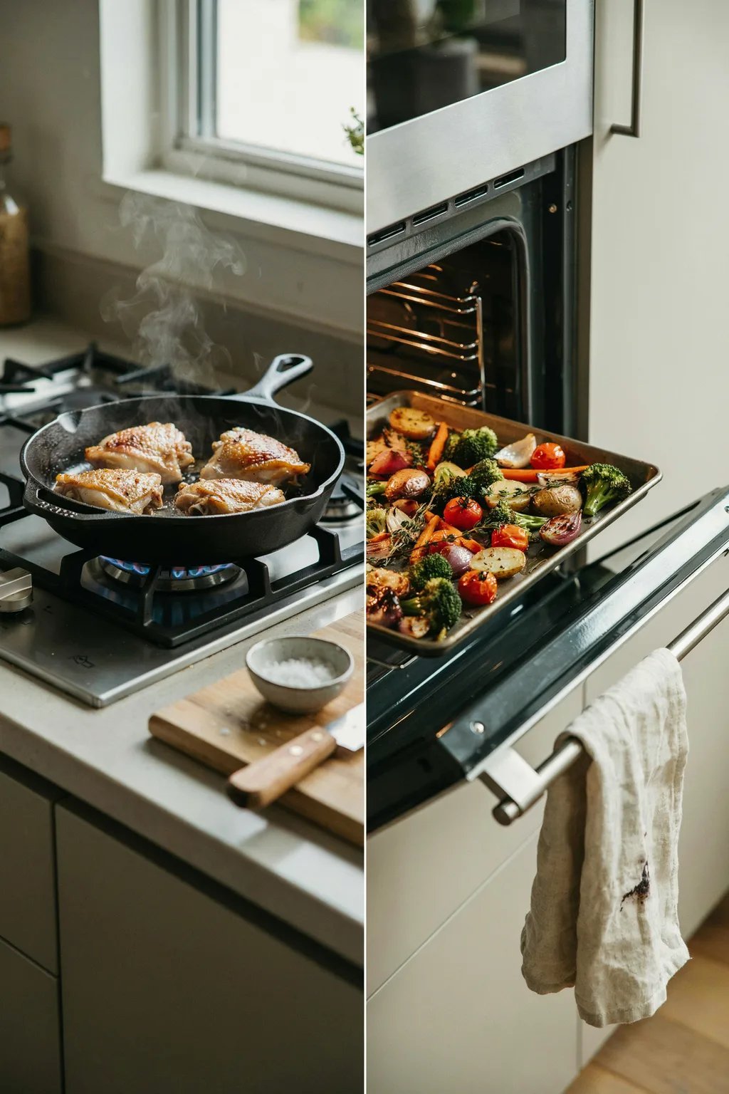 Cast iron skillet with searing chicken on stove next to a baking sheet of roasted vegetables pulled from the oven.