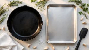A well-seasoned cast iron skillet and a rimmed baking sheet side by side on a kitchen counter