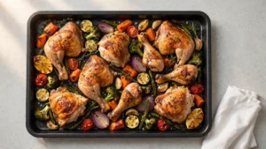 Assortment of roasted chicken and vegetables on a baking sheet