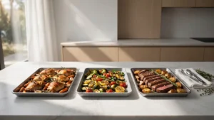A beautiful kitchen table covered with fresh sheet pan dinners