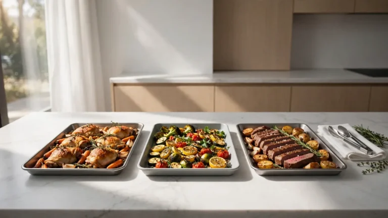 A beautiful kitchen table covered with fresh sheet pan dinners